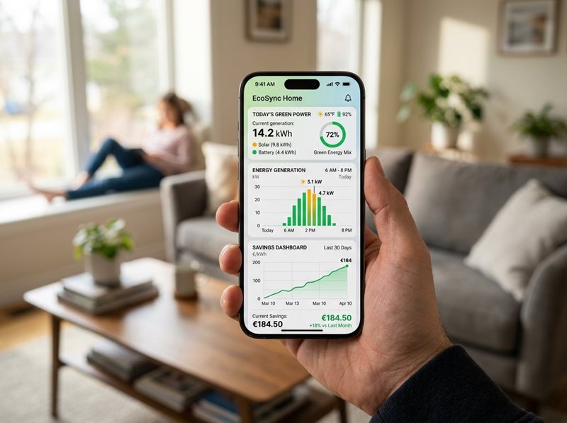 Mobilná aplikácia zobrazujúca Dennú výrobu zelenej energie a finančnú úsporu na elektrine